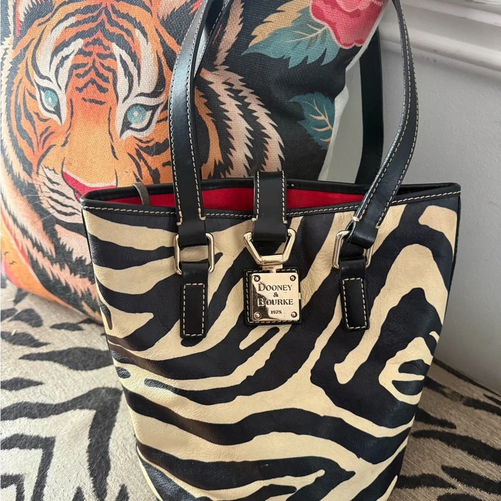 Dooney & Bourke Black & Cream Zebra-Print Tote with Red Lining - Picture 4 of 9